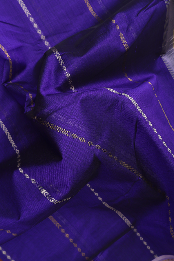 Traditional Silk Cotton Saree In Indigo Blue With Zari Stripes