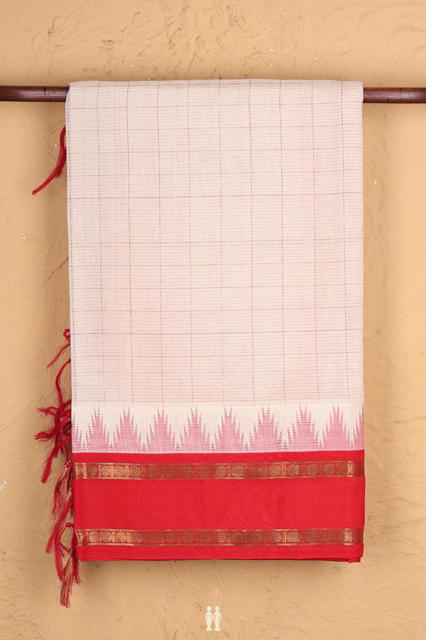 Traditional Silk Cotton Saree In Ivory With Checks Design