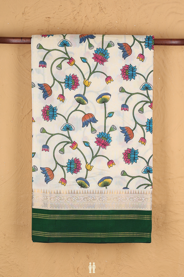 Traditional Silk Cotton Saree In Ivory With Floral Design