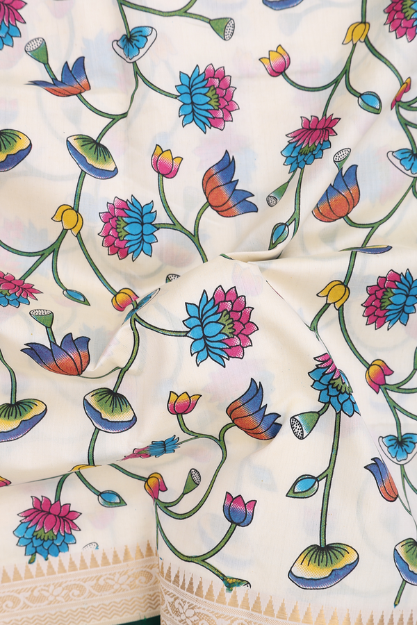 Traditional Silk Cotton Saree In Ivory With Floral Design