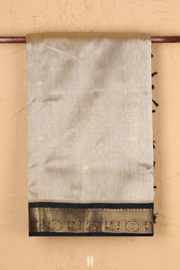 Traditional Silk Cotton Saree In Khaki With Rudraksh Buttas