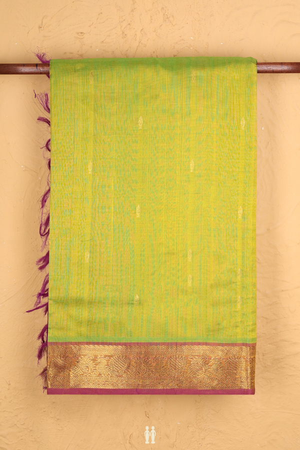 Traditional Silk Cotton Saree In Lime Green With Zari Buttas