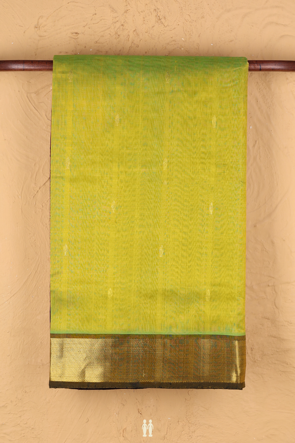 Traditional Silk Cotton Saree In Lime Green With Zari Buttas