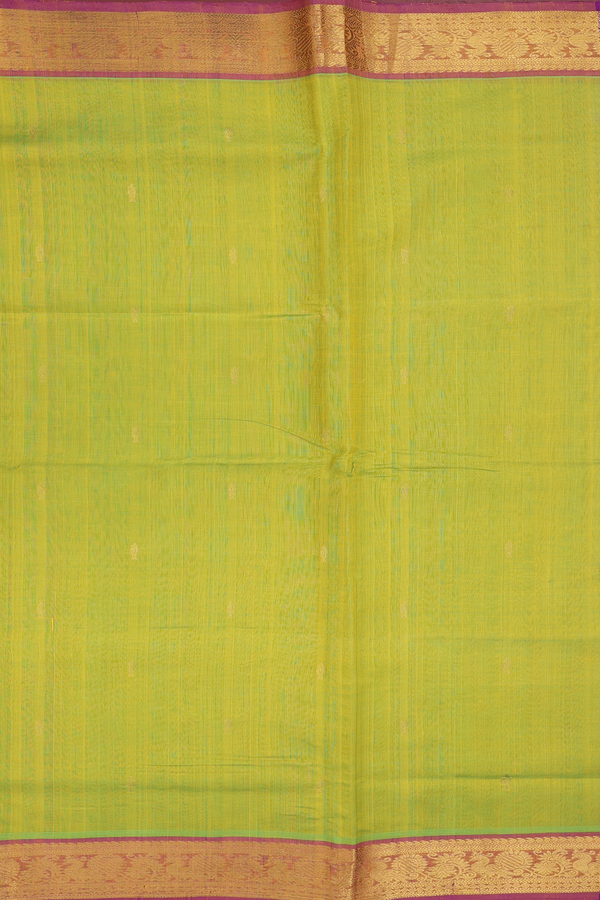 Traditional Silk Cotton Saree In Lime Green With Zari Buttas