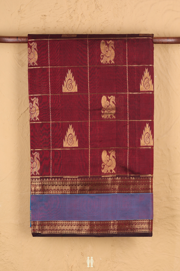 Traditional Silk Cotton Saree In Maroon With Checks Design