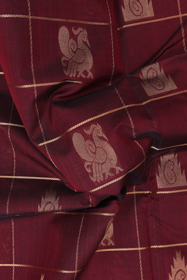 Traditional Silk Cotton Saree In Maroon With Checks Design