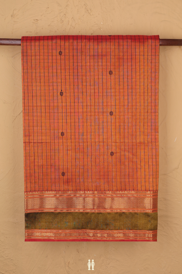 Traditional Silk Cotton Saree In Orange With Checks Design