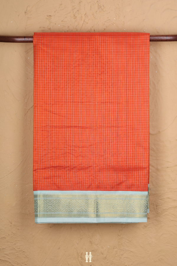 Traditional Silk Cotton Saree In Orange With Checks Design