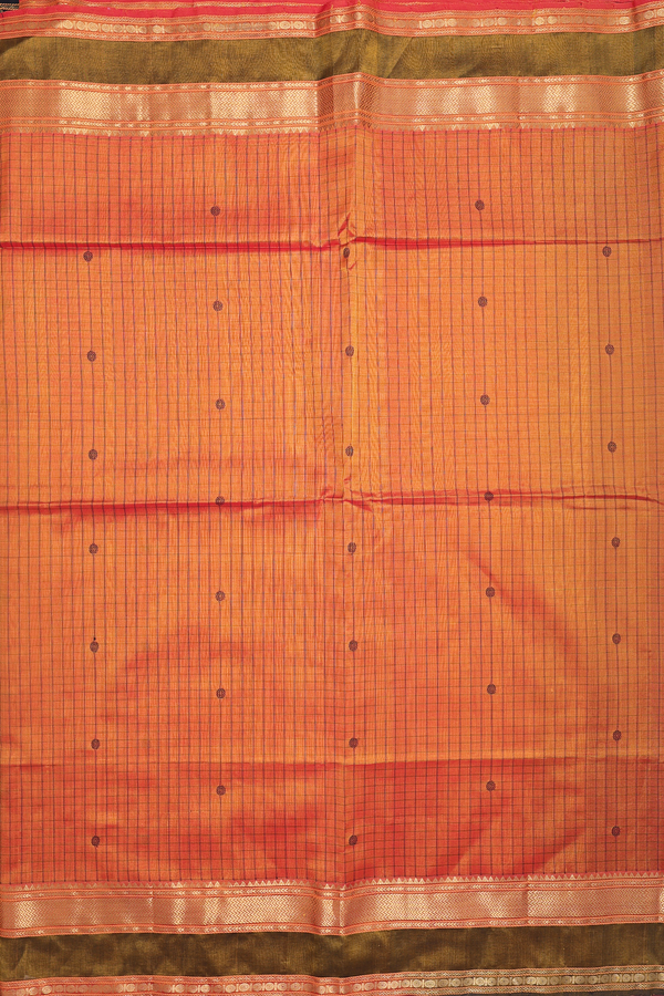 Traditional Silk Cotton Saree In Orange With Checks Design