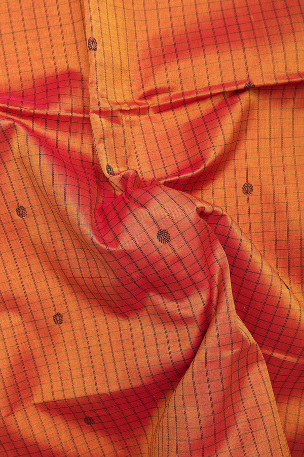 Traditional Silk Cotton Saree In Orange With Checks Design