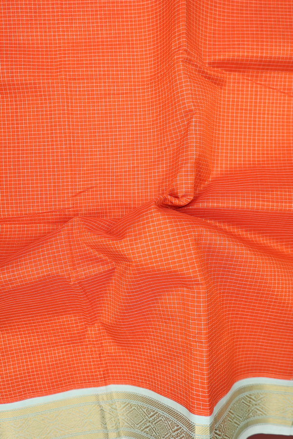 Traditional Silk Cotton Saree In Orange With Checks Design