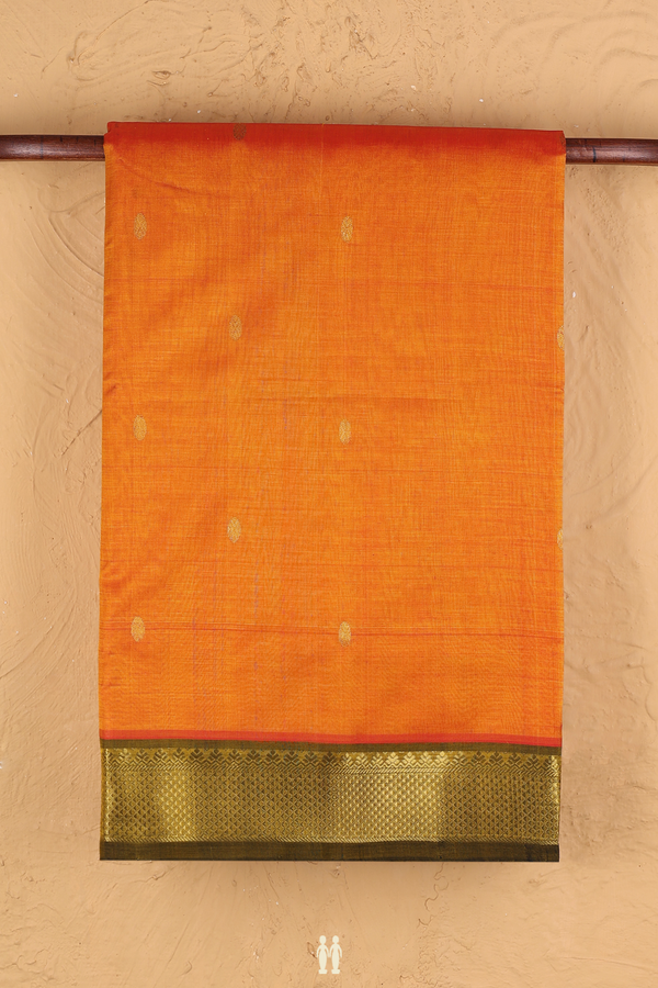 Traditional Silk Cotton Saree In Orange With Rudraksh Buttas