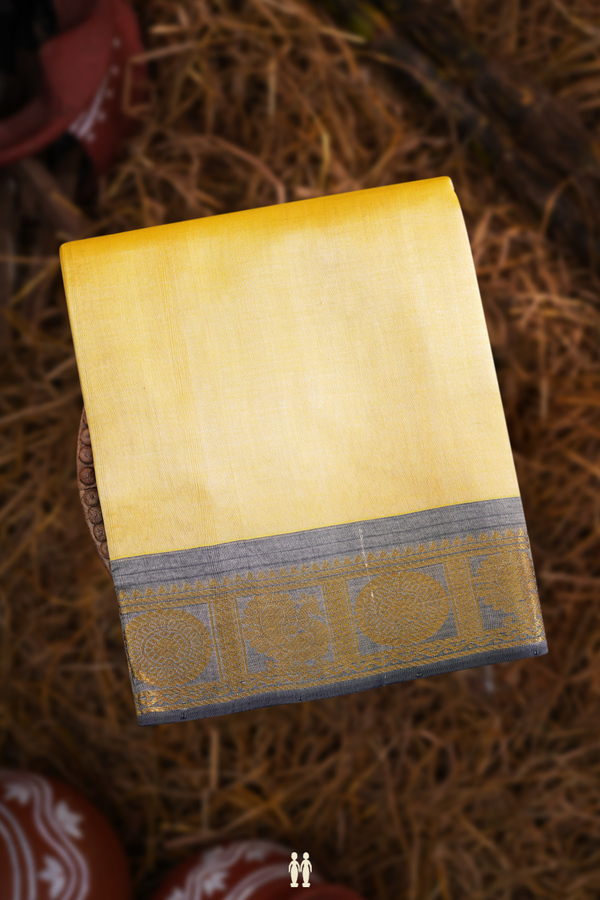 Traditional Silk Cotton Saree In Pale Yellow With Zari Border