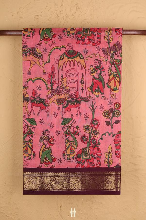 Traditional Silk Cotton Saree In Peach With Printed Design