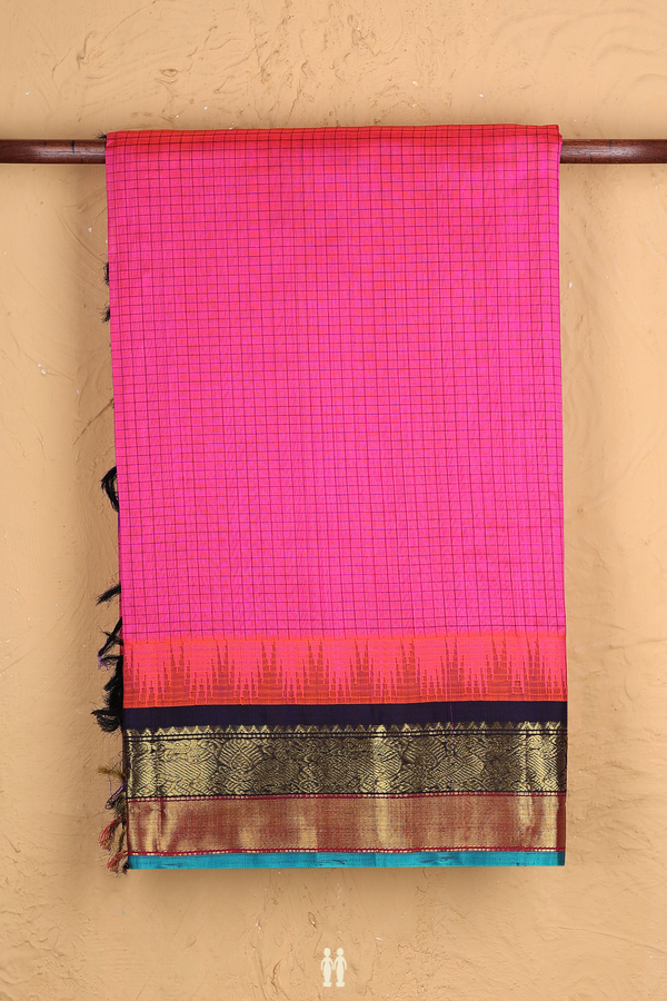 Traditional Silk Cotton Saree In Pink With Checks Design