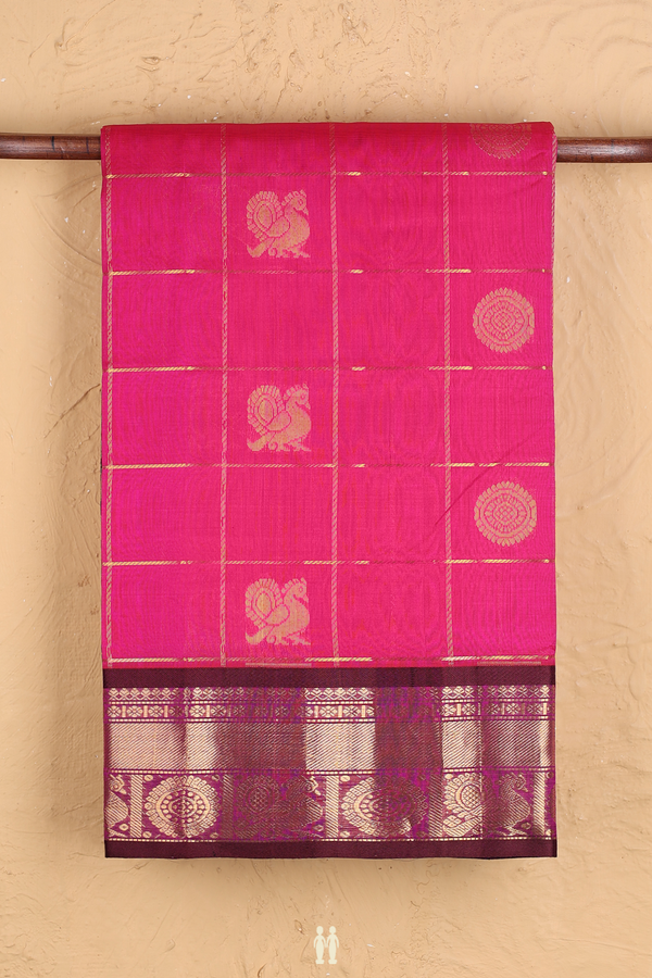 Traditional Silk Cotton Saree In Pink With Checks Design