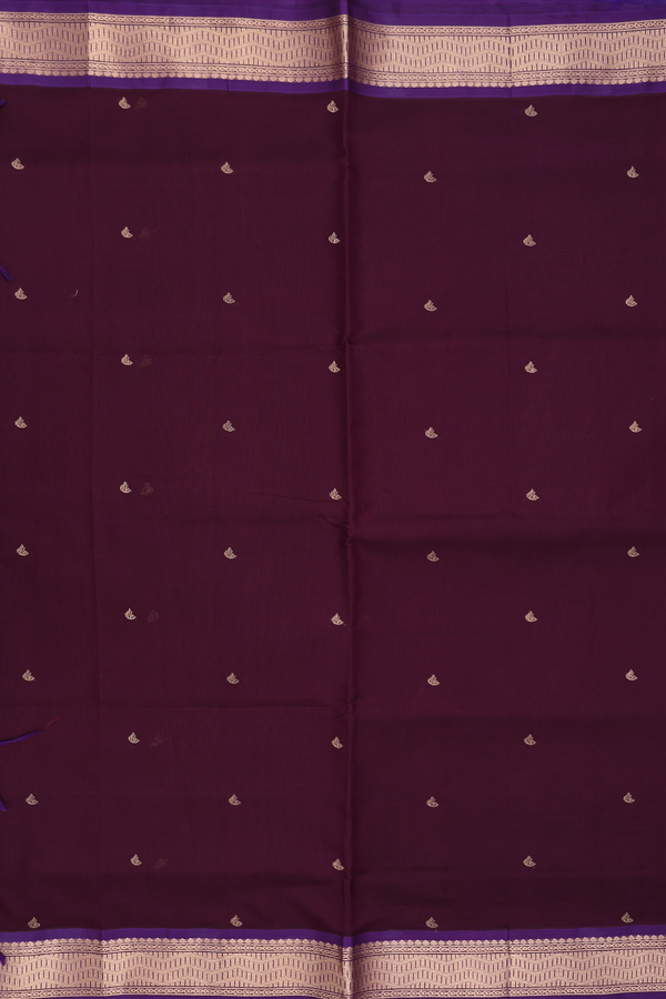 Traditional Silk Cotton Saree In Plum Brown With Zari Buttas
