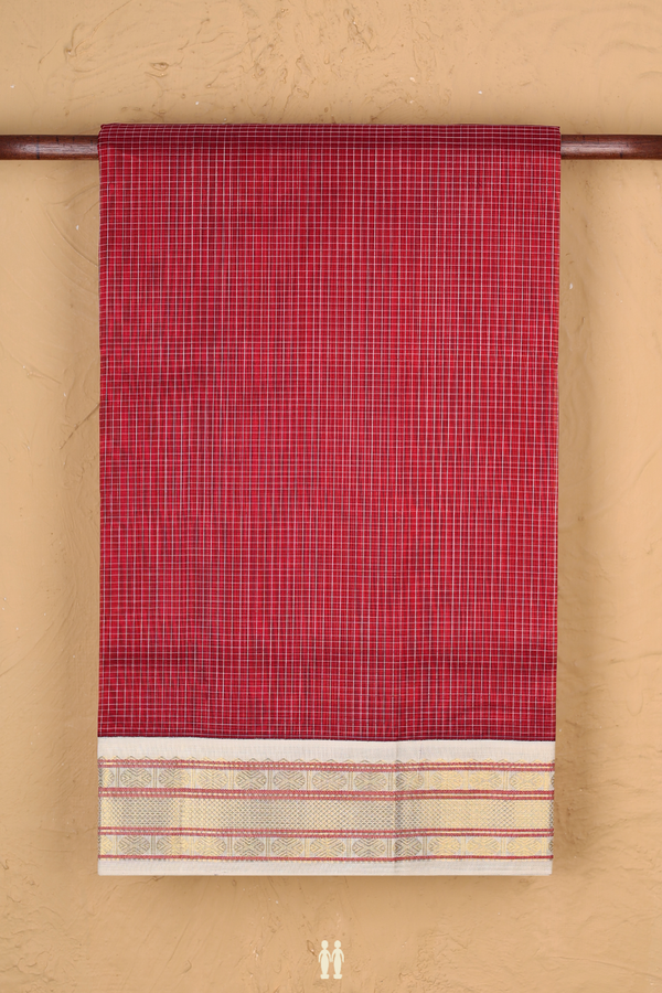 Traditional Silk Cotton Saree In Red With Checks Design