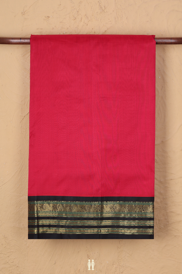 Traditional Silk Cotton Saree In Red With Peacock Border