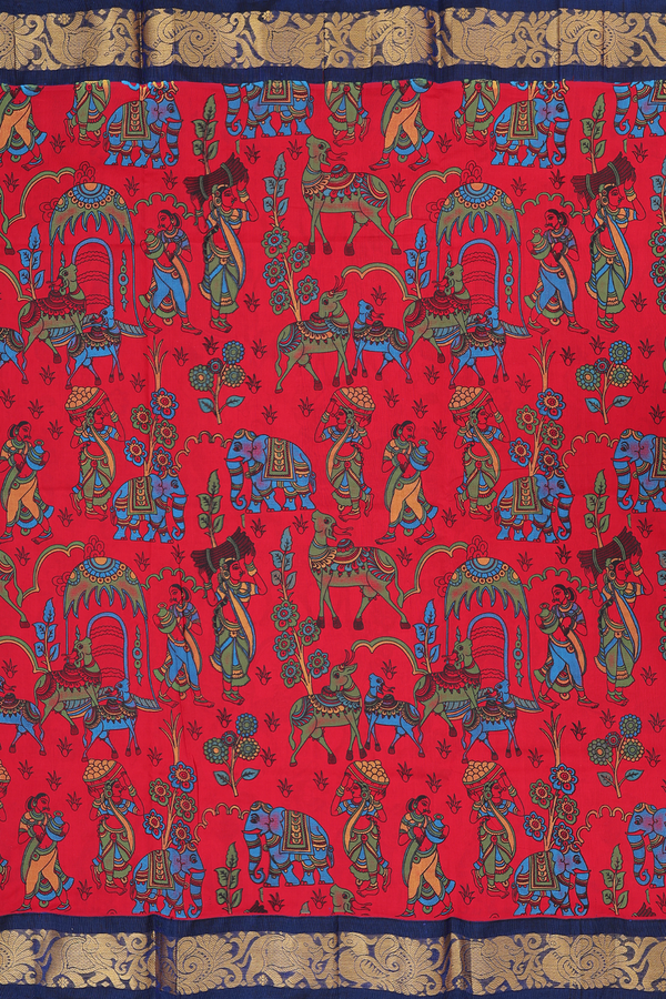 Traditional Silk Cotton Saree In Red With Printed Design