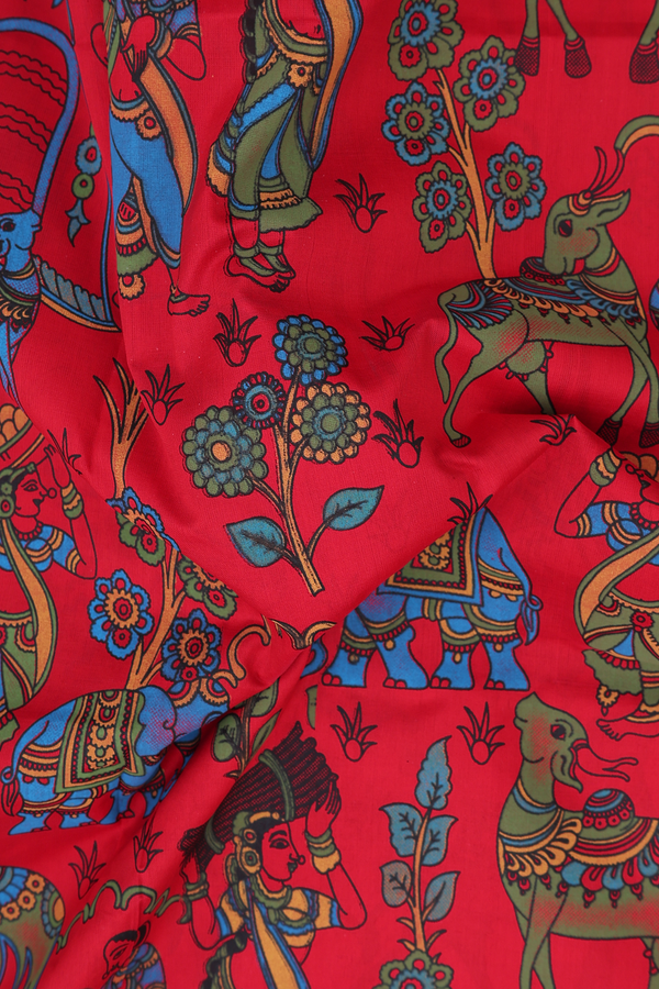 Traditional Silk Cotton Saree In Red With Printed Design