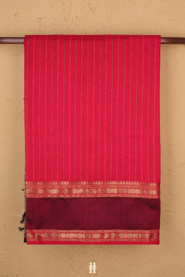 Traditional Silk Cotton Saree In Red With Stripes Design