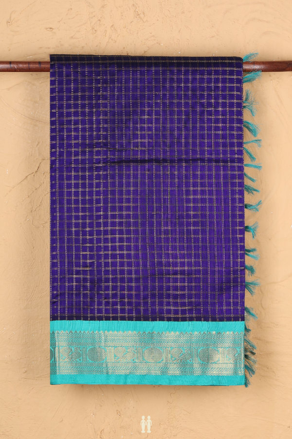Traditional Silk Cotton Saree In Royal Blue With Checks Design