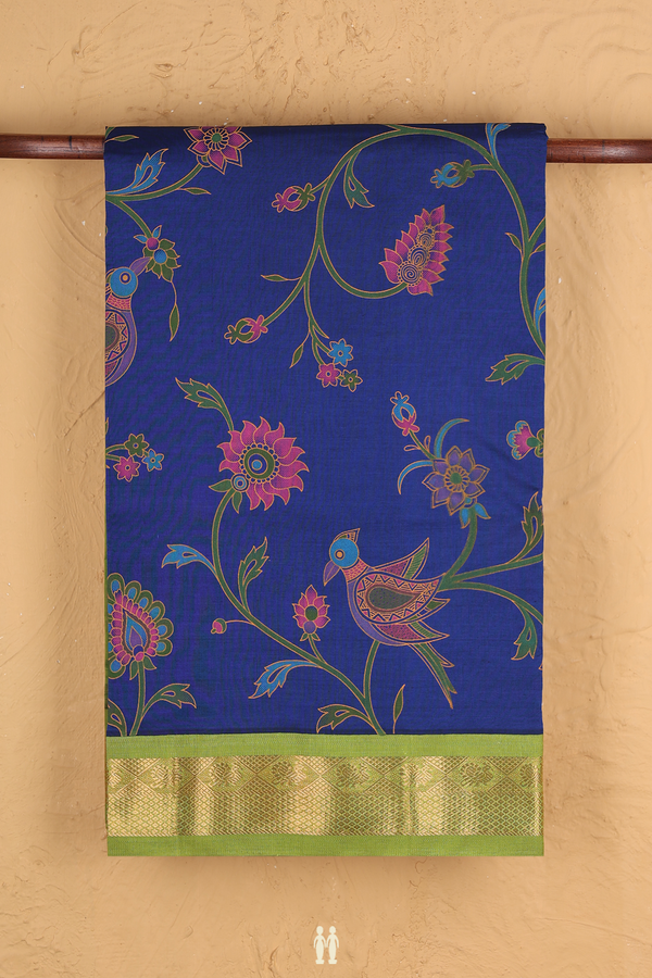 Traditional Silk Cotton Saree In Royal Blue With Floral Design