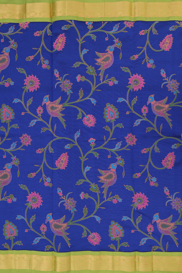 Traditional Silk Cotton Saree In Royal Blue With Floral Design