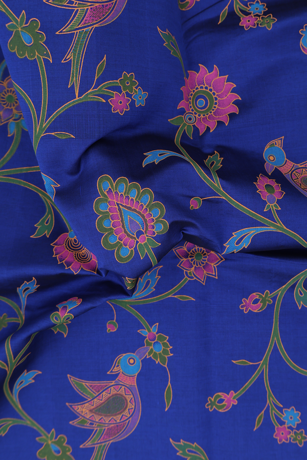 Traditional Silk Cotton Saree In Royal Blue With Floral Design