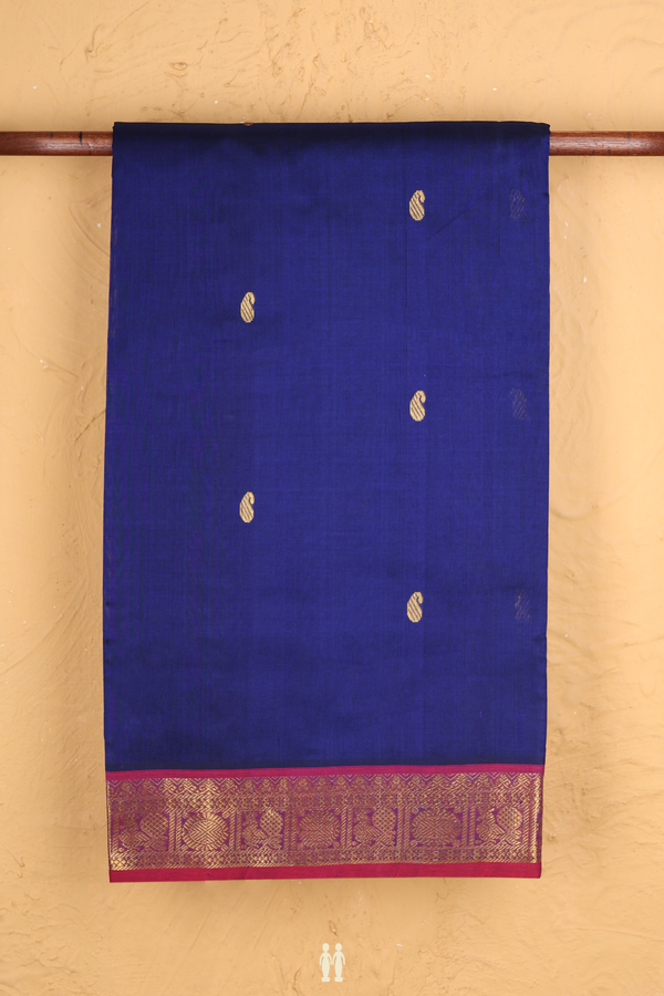 Traditional Silk Cotton Saree In Royal Blue With Paisley Buttas
