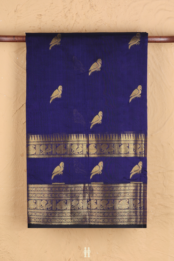 Traditional Silk Cotton Saree In Royal Blue With Parrot Buttas