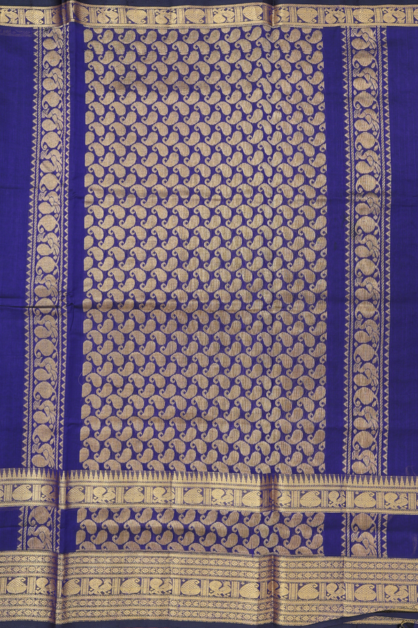 Traditional Silk Cotton Saree In Royal Blue With Parrot Buttas