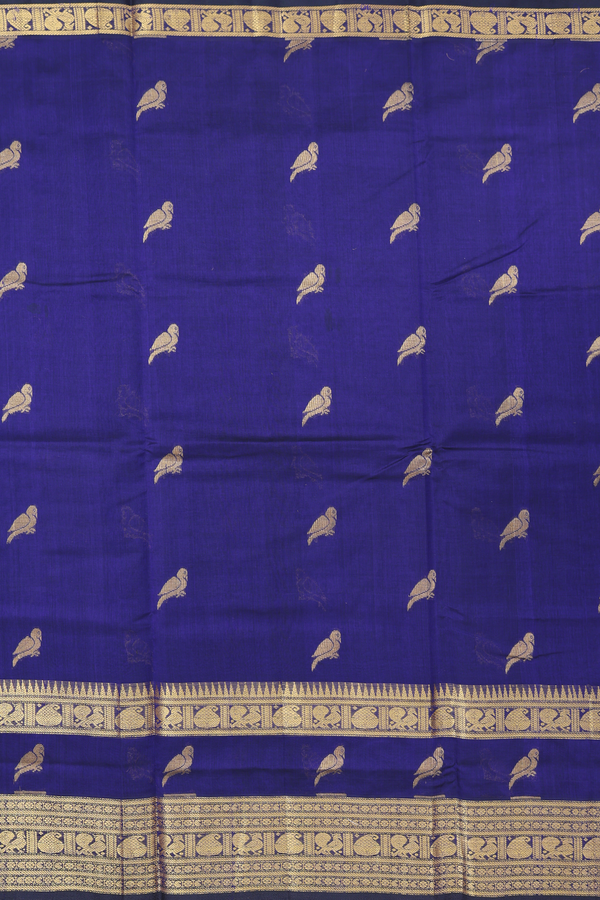 Traditional Silk Cotton Saree In Royal Blue With Parrot Buttas
