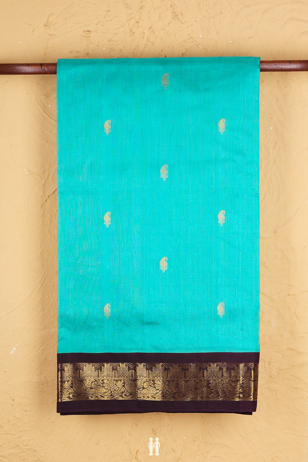 Traditional Silk Cotton Saree In Sea Green With Paisley Buttas