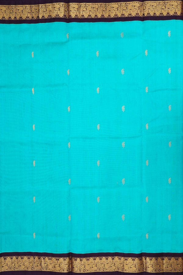 Traditional Silk Cotton Saree In Sea Green With Paisley Buttas