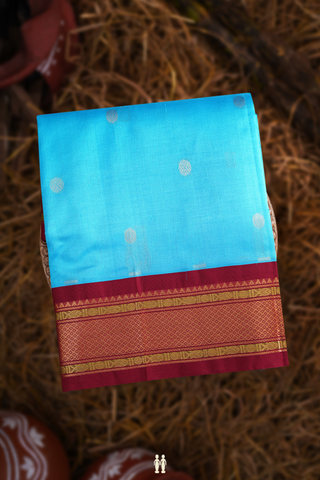 Traditional Silk Cotton Saree In Sky Blue With Rudraksh Buttas