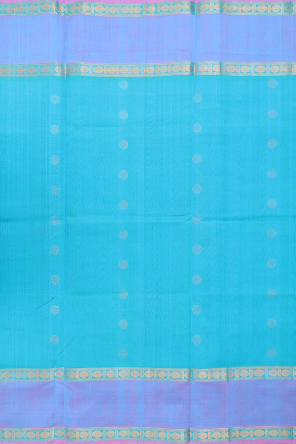 Silk Cotton Saree In Cerulean Blue With Zari Buttas