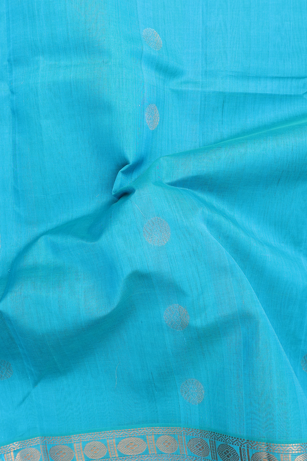 Silk Cotton Saree In Cerulean Blue With Zari Buttas