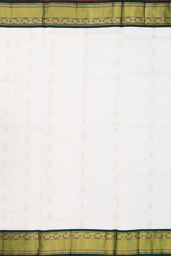 Traditional Silk Cotton Saree In White With Peacock Buttas