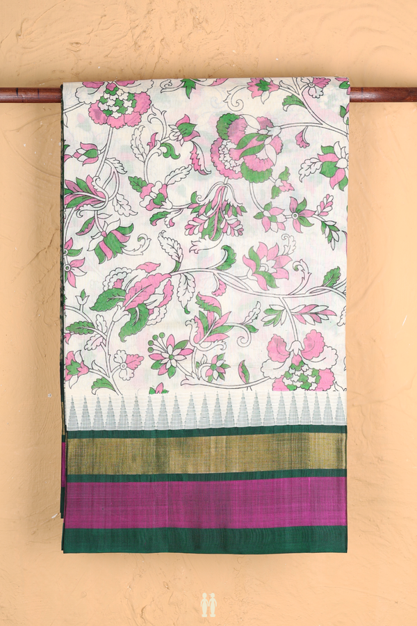 Traditional Silk Cotton Saree In White With Printed Design