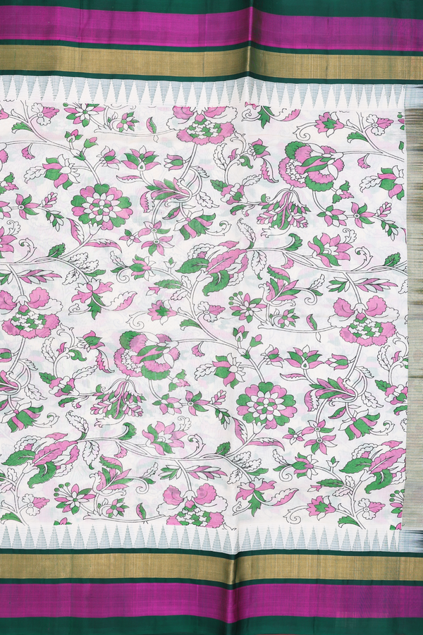 Traditional Silk Cotton Saree In White With Printed Design