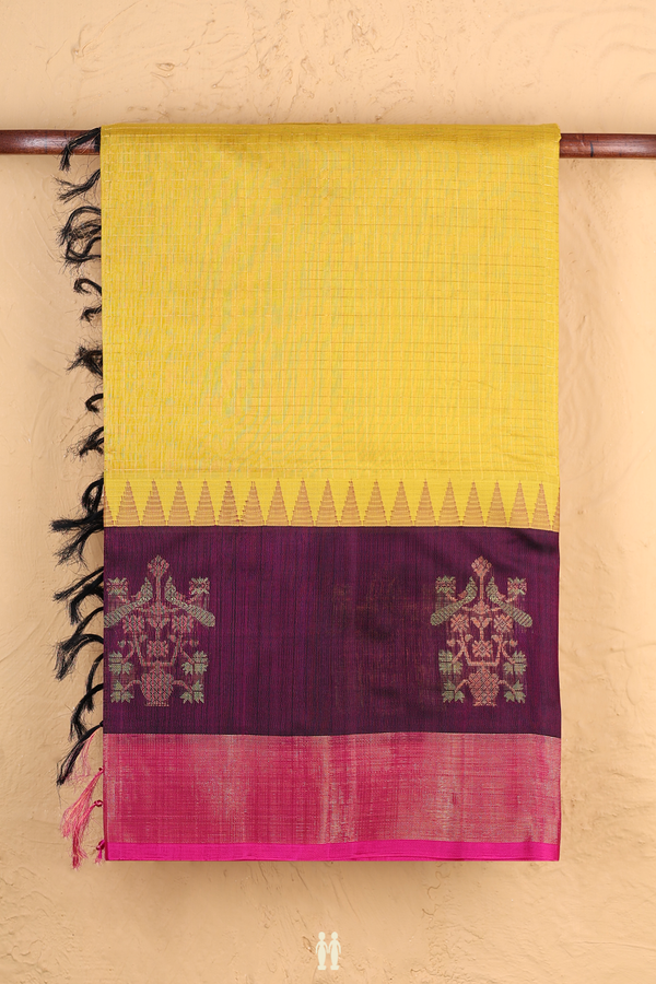 Traditional Silk Cotton Saree In Yellow With Checks Design