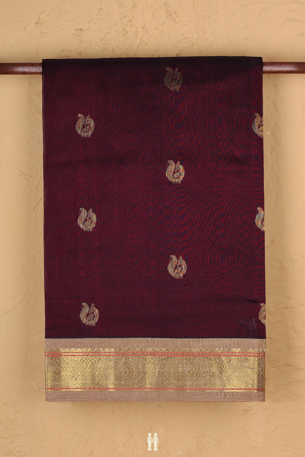 Silk Cotton Saree In Maroonish Purple With Peacock Buttas