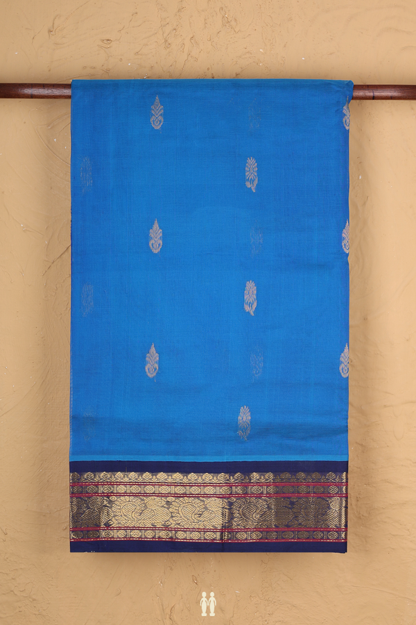 Traditional Silk Cotton Saree Blue With Floral Buttas