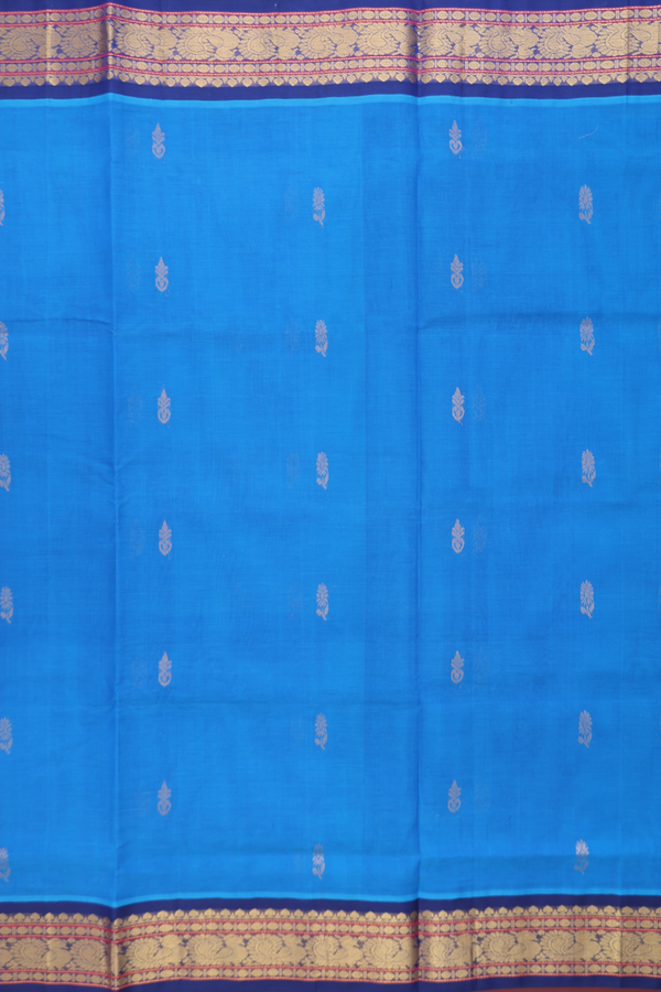 Traditional Silk Cotton Saree Blue With Floral Buttas