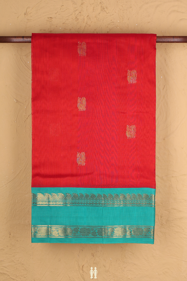 Traditional Silk Cotton Saree Scarlet Red With Peacock Buttas
