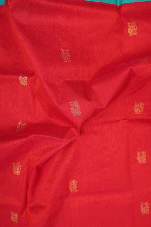 Traditional Silk Cotton Saree Scarlet Red With Peacock Buttas