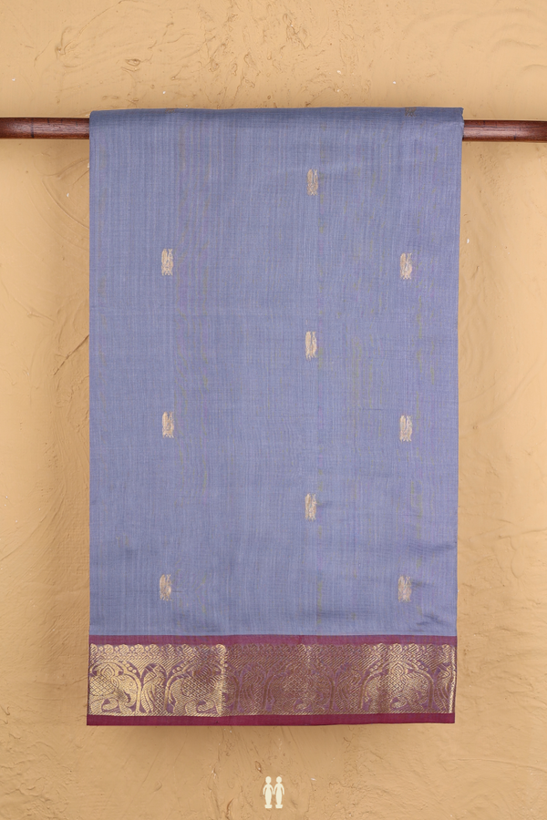 Traditional Silk Cotton Saree Steel Blue With Peacock Buttas