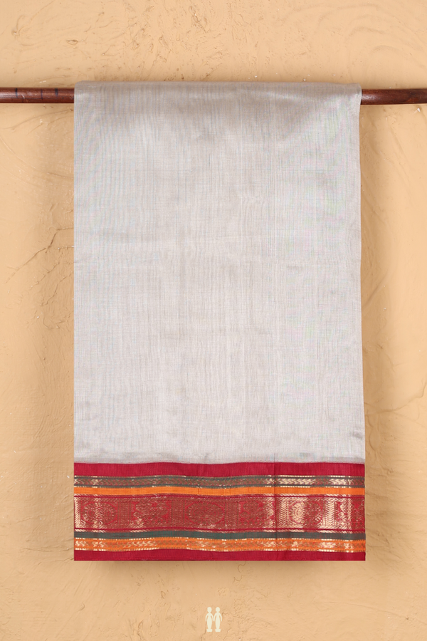 Traditional Silk Cotton Saree Stone Grey With Peacock Border
